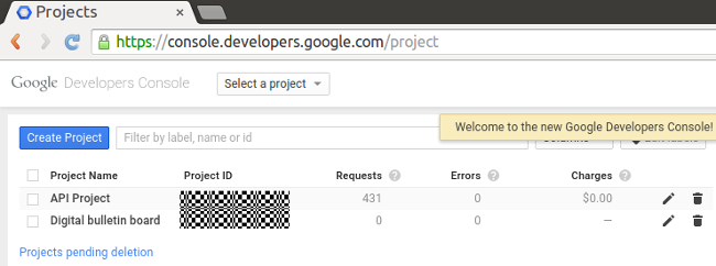 The Google Developers console.