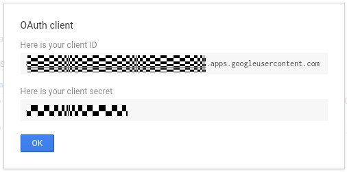 The Client ID and Client secret strings generated by google.