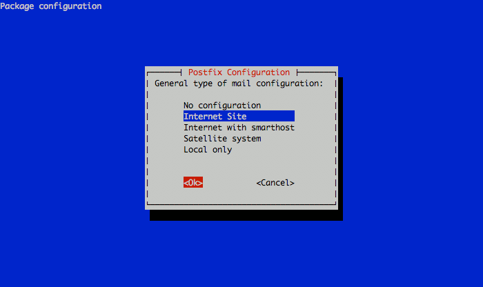 Selecting the Postfix mail server configuration type on a Debian 5.0 (Lenny) system.