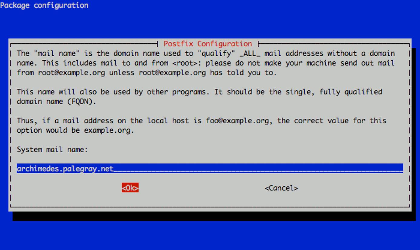 Selecting the Postfix system mail name on a Ubuntu 10.04 (Maverick) system.