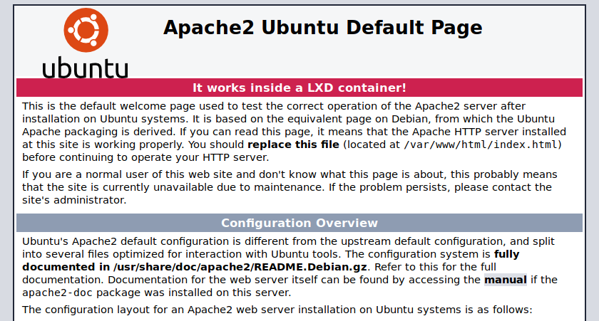 Web page of Apache server running in a container