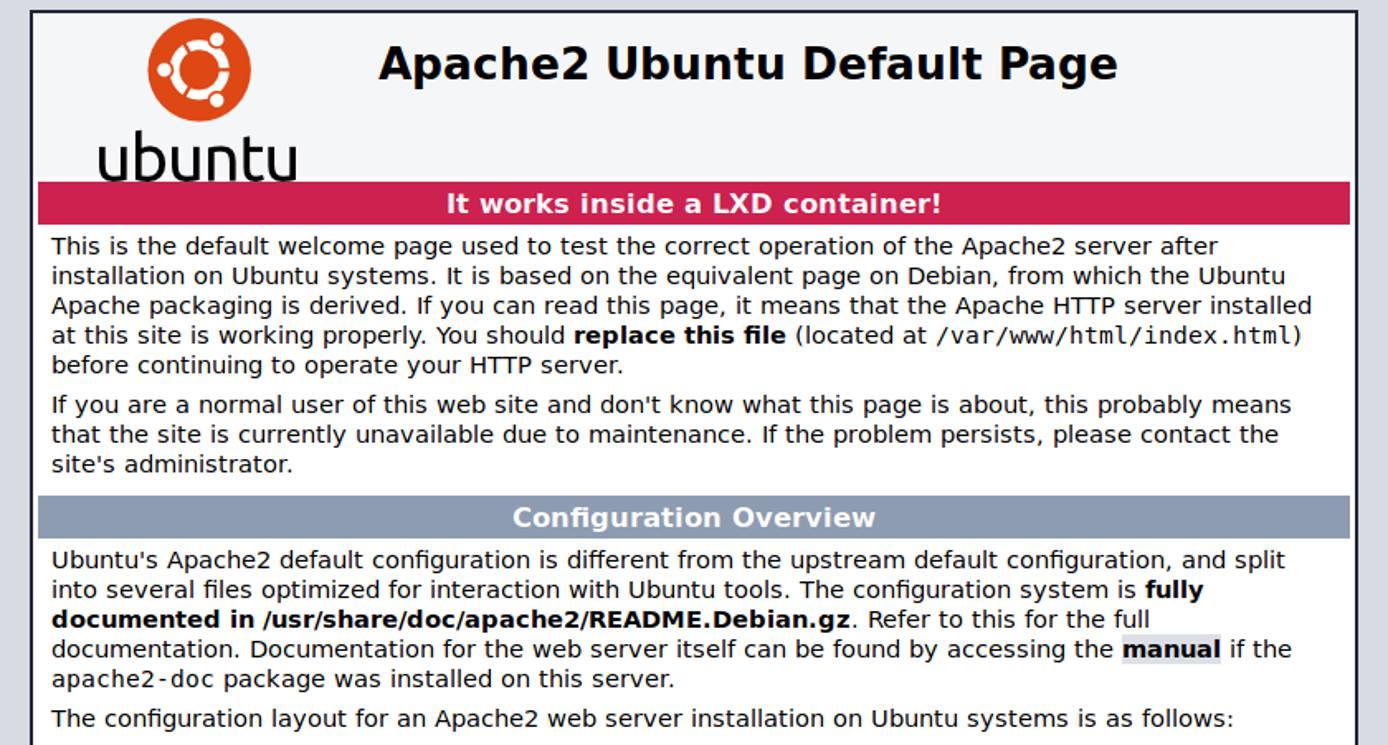Web page of Apache server running in a container