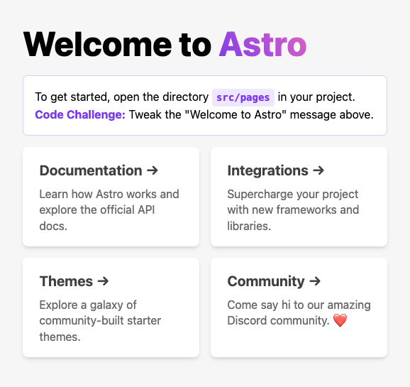 The welcome page for a new Astro project