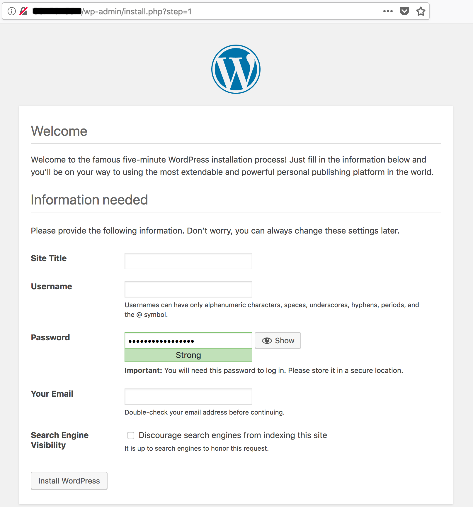 WordPress Installation Screen