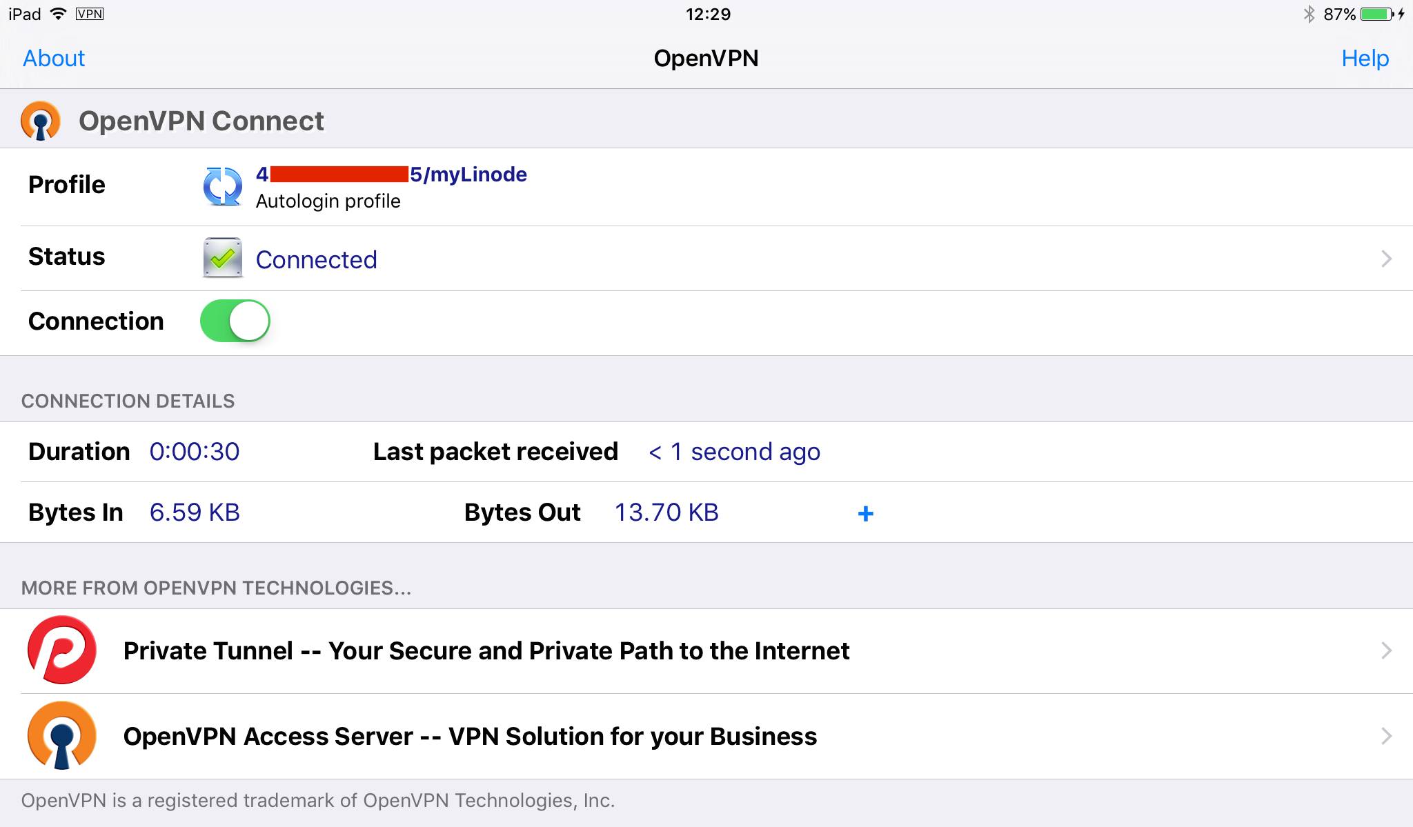 OpenVPN Connect, connected.