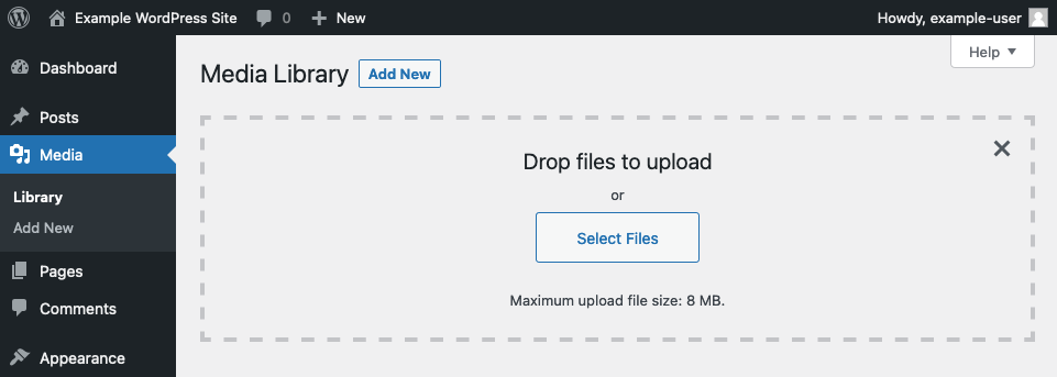 WordPress&rsquo;s Media Library, showing the maximum file size for uploads
