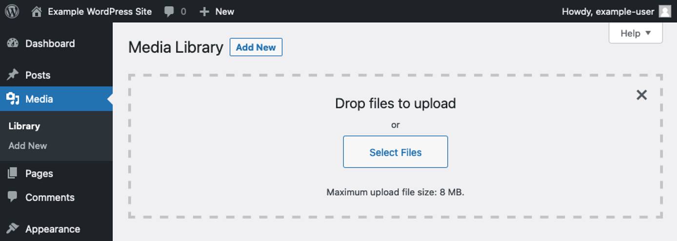 WordPress’s Media Library, showing the maximum file size for uploads