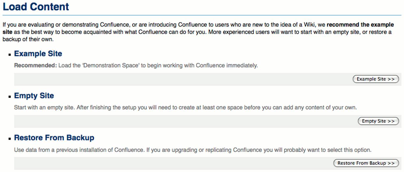 Confluence initial content selection.