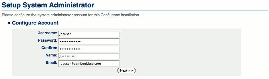Confluence administrative user details entry.