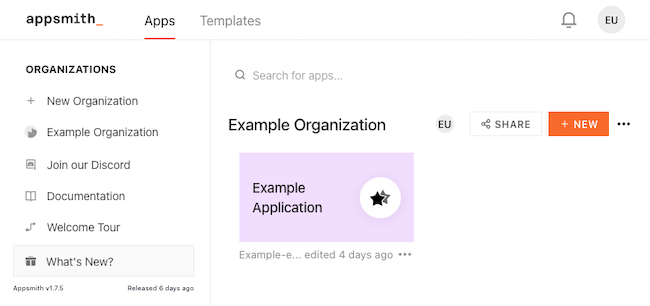 Example application on the Appsmith dashboard