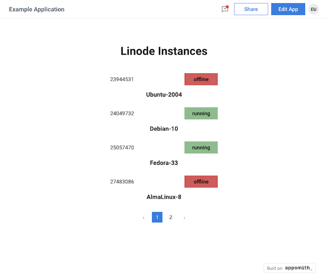 Example application after booting up and shutting down Linode instances