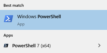 The Windows PowerShell application within Windows Search