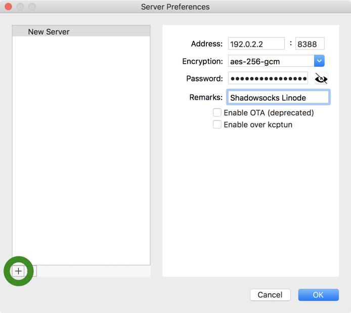 macOS Shadowsocks menu bar - Server Preferences window