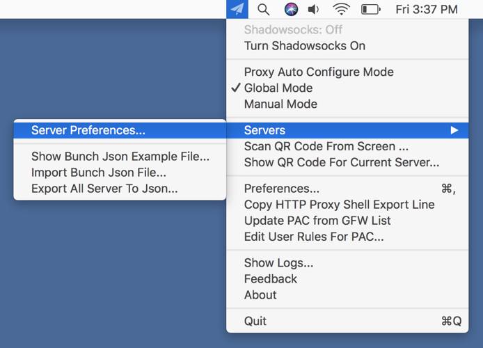 macOS Shadowsocks menu bar - Server Preferences menu item