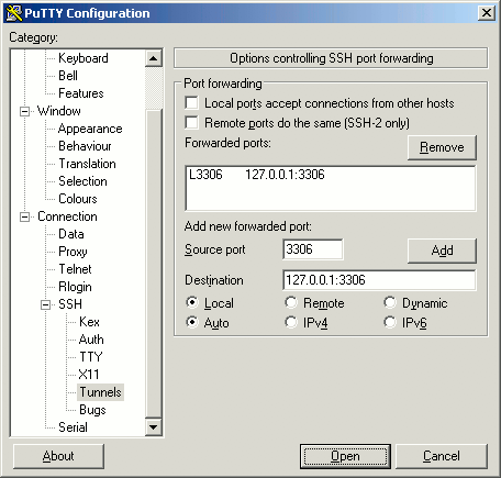 Tunneling a remote MySQL connection through SSH with PuTTY on Windows.