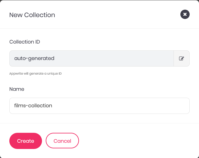 Appwrite form for creating a collection