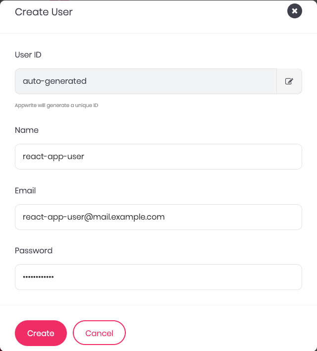 Appwrite form for creating a user