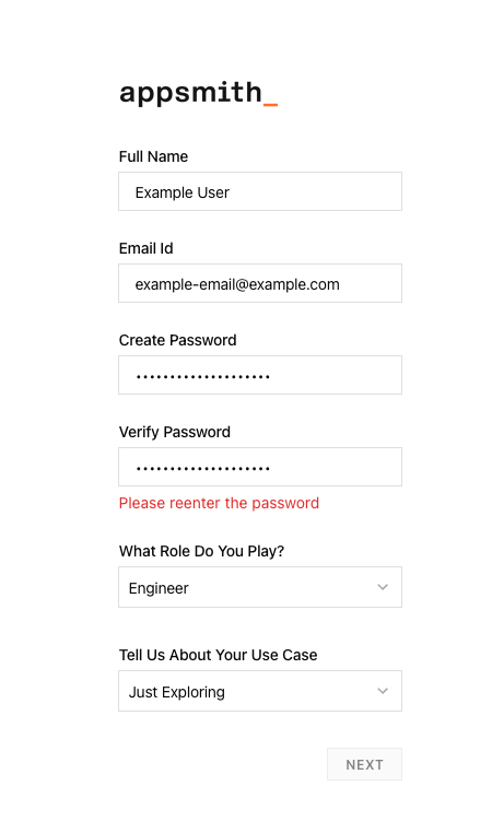 Appsmith page for creating initial login credentials for the instance