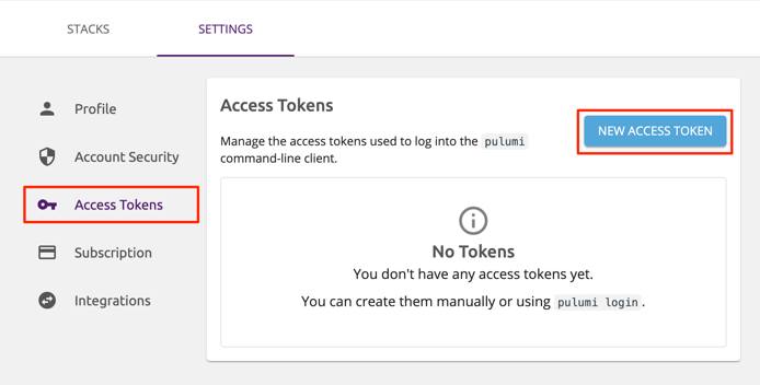 Location of Pulumi Access Token page