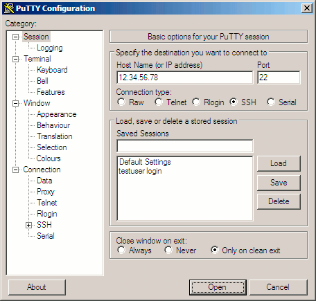 Session information for PuTTY.