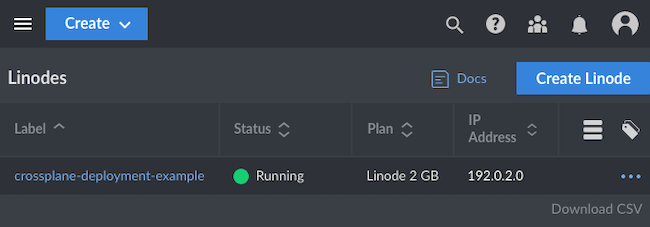 A Linode Compute instance deployed with Crossplane.