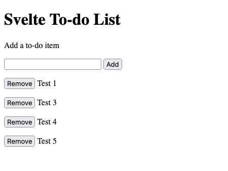 The example Svelte to-do list applications with dynamic modifications to the displayed list