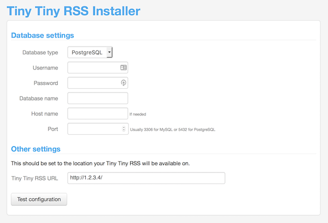 Tiny Tiny RSS Installation Page