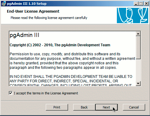 pgAdmin on Windows installer license agreement dialog