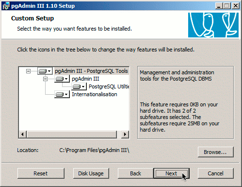 pgAdmin on Windows installer feature selection dialog