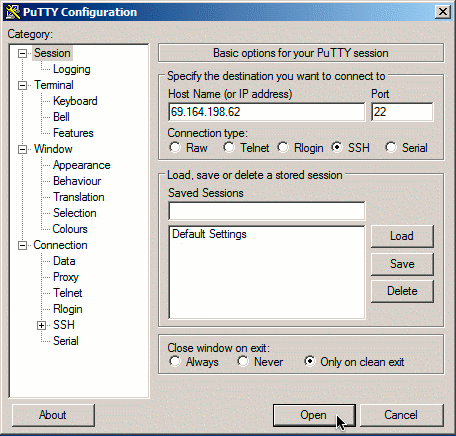 PuTTY on Windows 7 session dialog