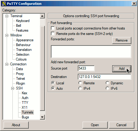 PuTTY tunnels screen on Windows 7