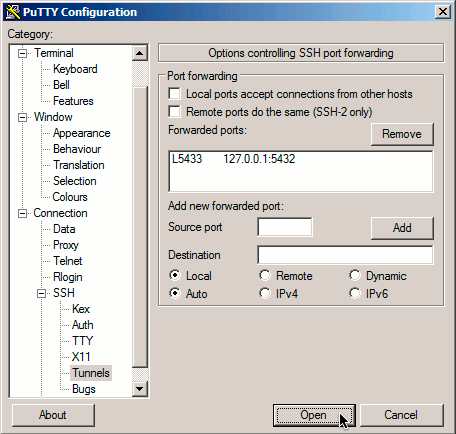 PuTTY tunnels screen showing forwarded ports on Windows 7