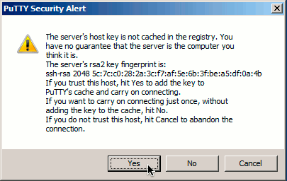 An unknown host key warning in PuTTY on Windows 7