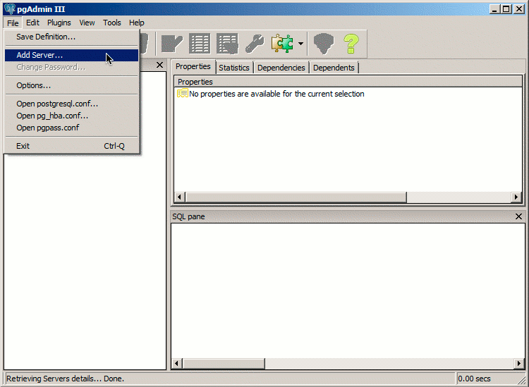 pgAdmin III default view on Windows 7