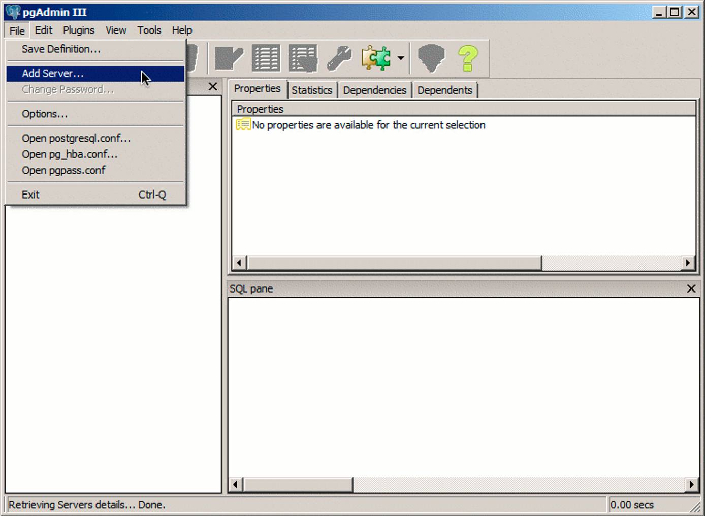 pgAdmin III default view on Windows 7