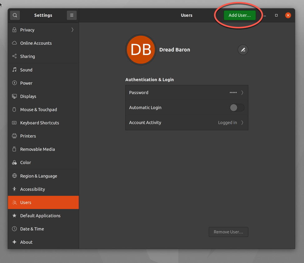 Clicking the add user button in Ubuntu
