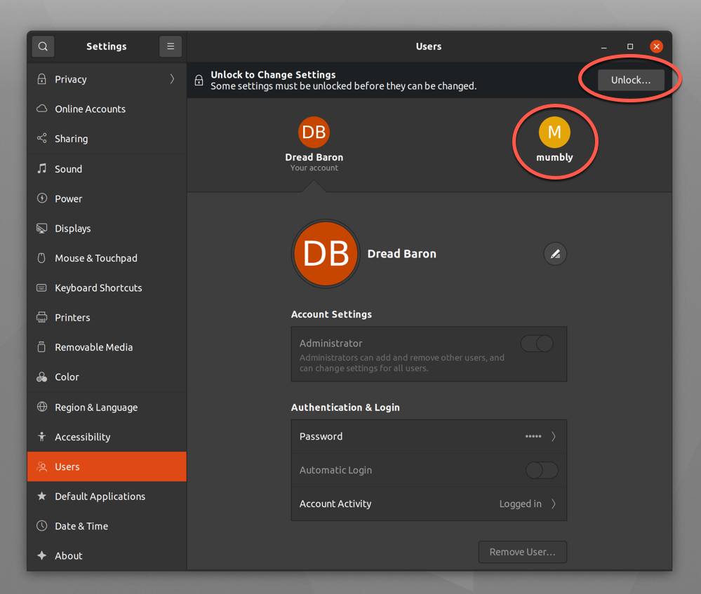 Click user and unlock to edit in Ubuntu