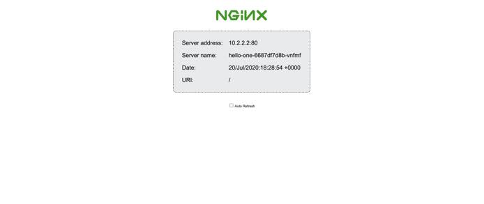 The NGINX demo page loads with information about the Pod being used to serve your request