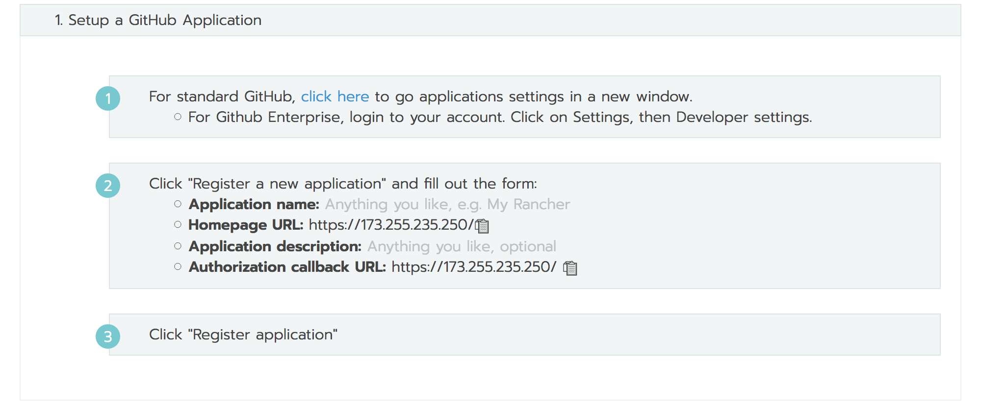 Rancher generated GitHub OAuth form values