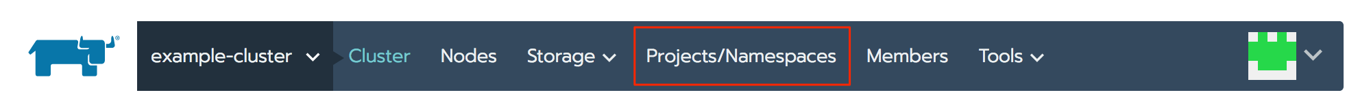 Rancher cluster navigation bar - Projects/Namespaces highlighted