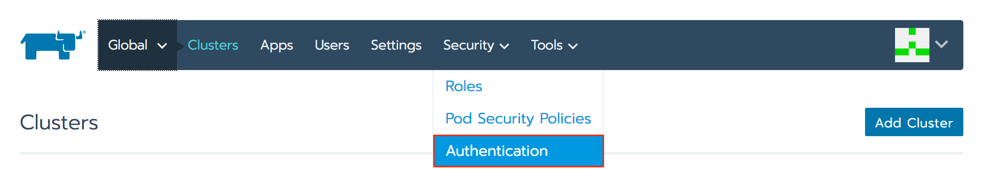 Rancher Security navigation bar item - Authentication highlighted