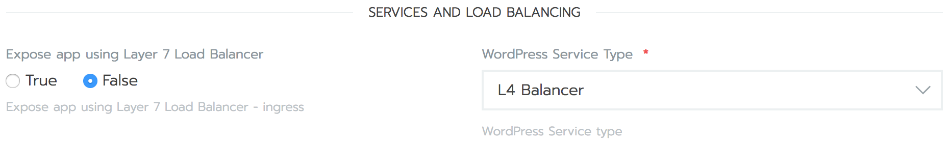 Rancher WordPress setup form - Services and Load Balancing Settings