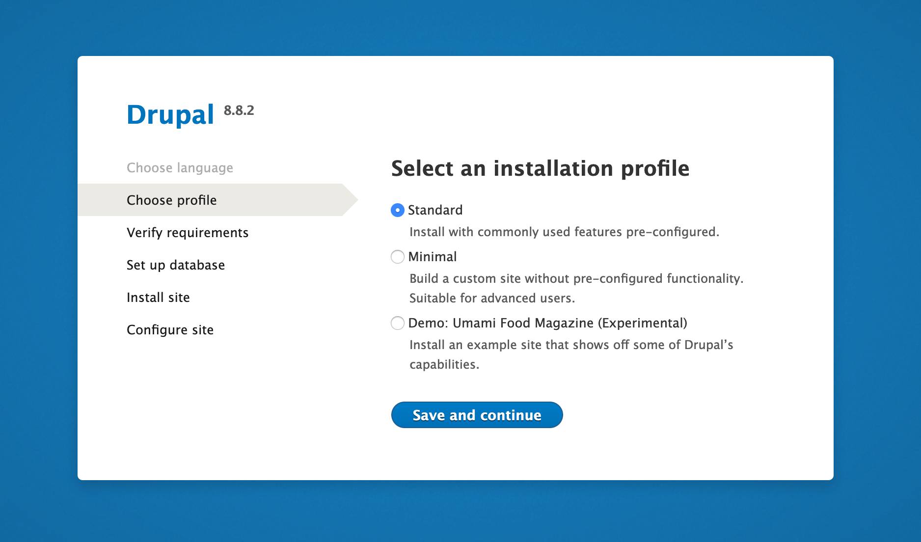 Drupal 8 choose installation profile.