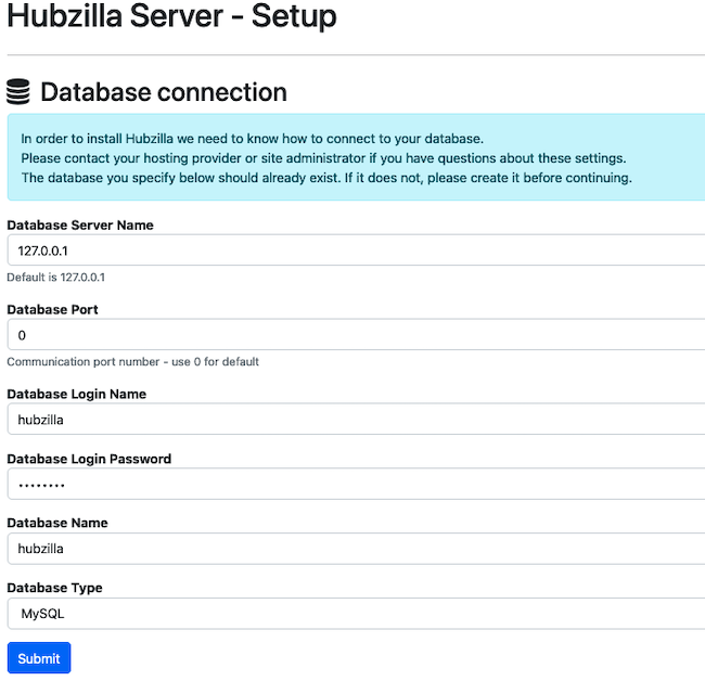 Hubzilla Database Setup