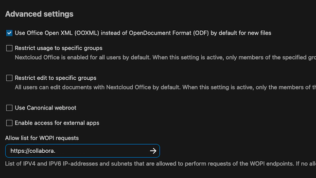 The Nextcloud Office advanced settings