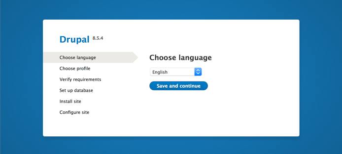Drupal setup screen in the web browser - &lsquo;Choose language&rsquo; page