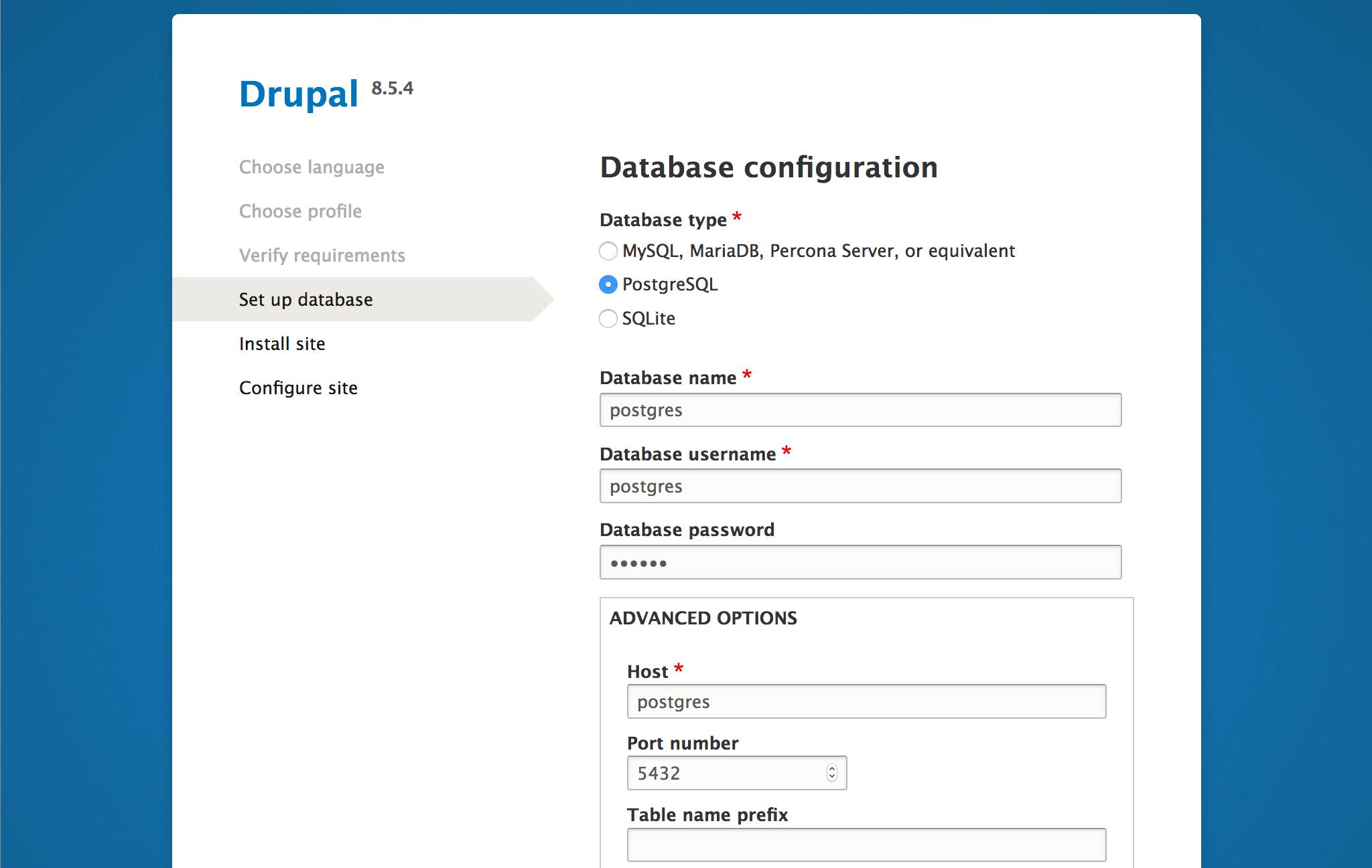 Drupal setup screen in the web browser - &lsquo;Set up database&rsquo; page