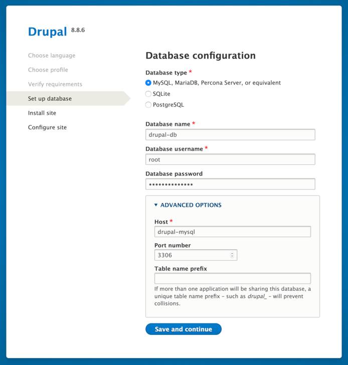 Drupal Database Set Up Screen