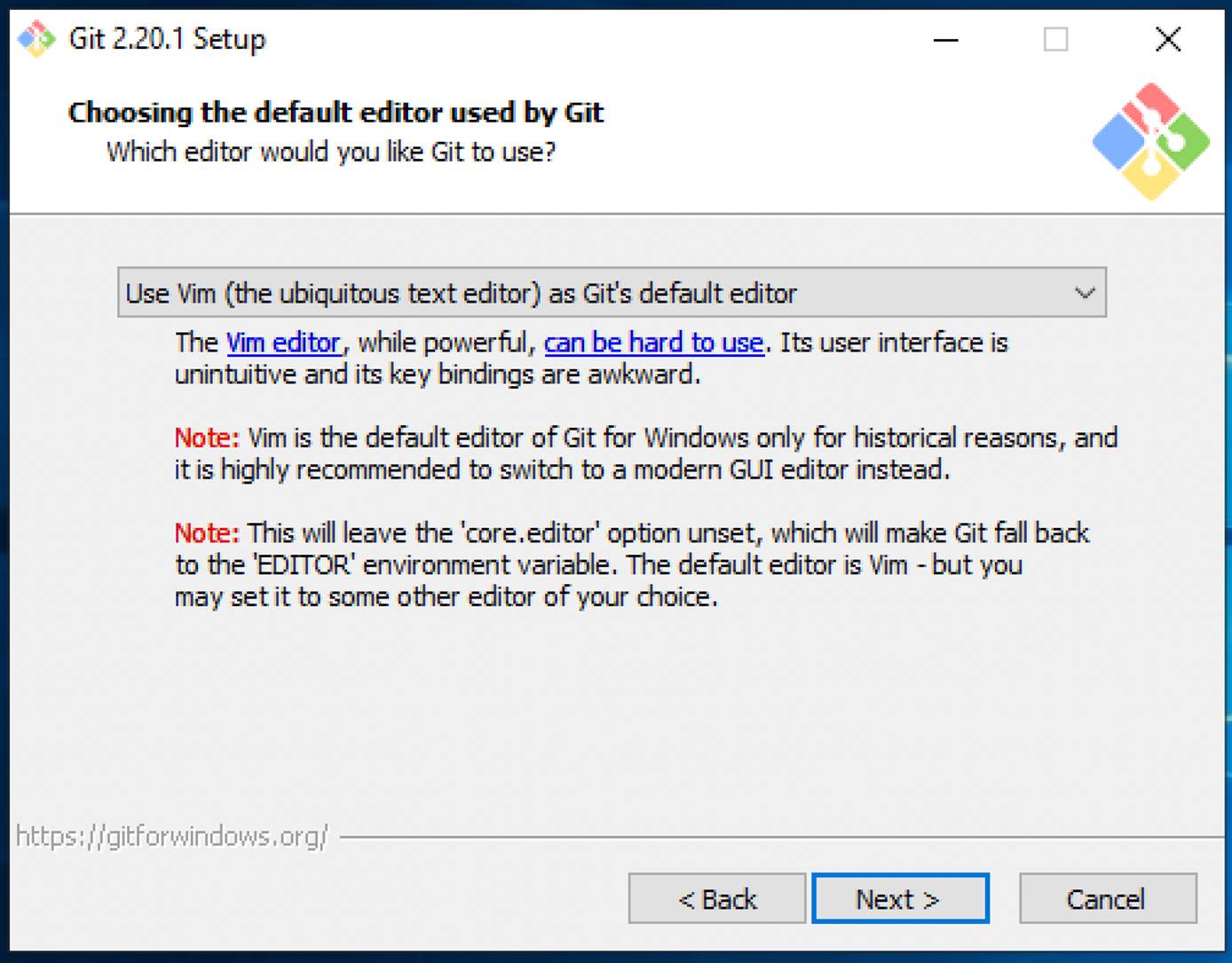 Select the default text editor for Git.