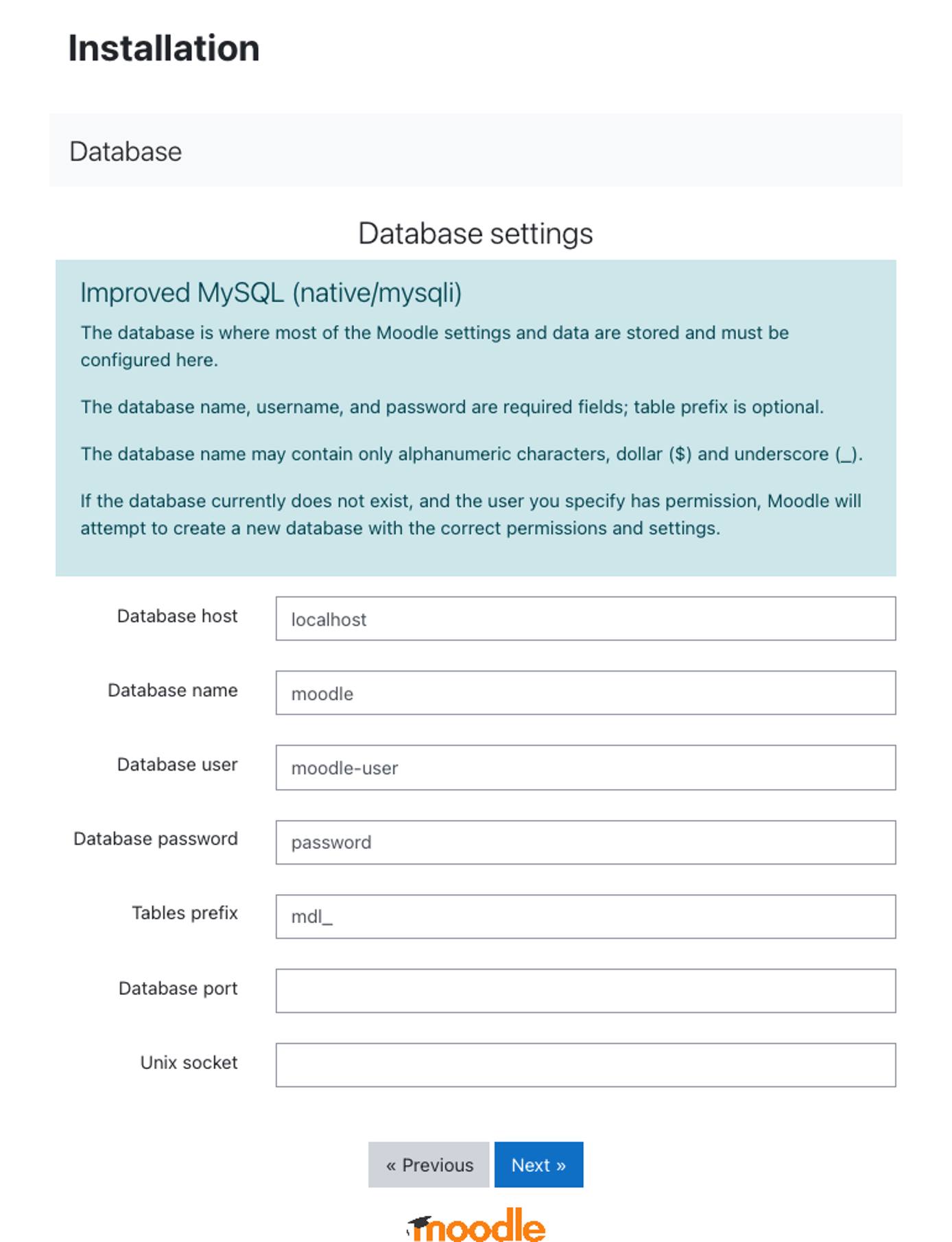 Enter database settings for Moodle